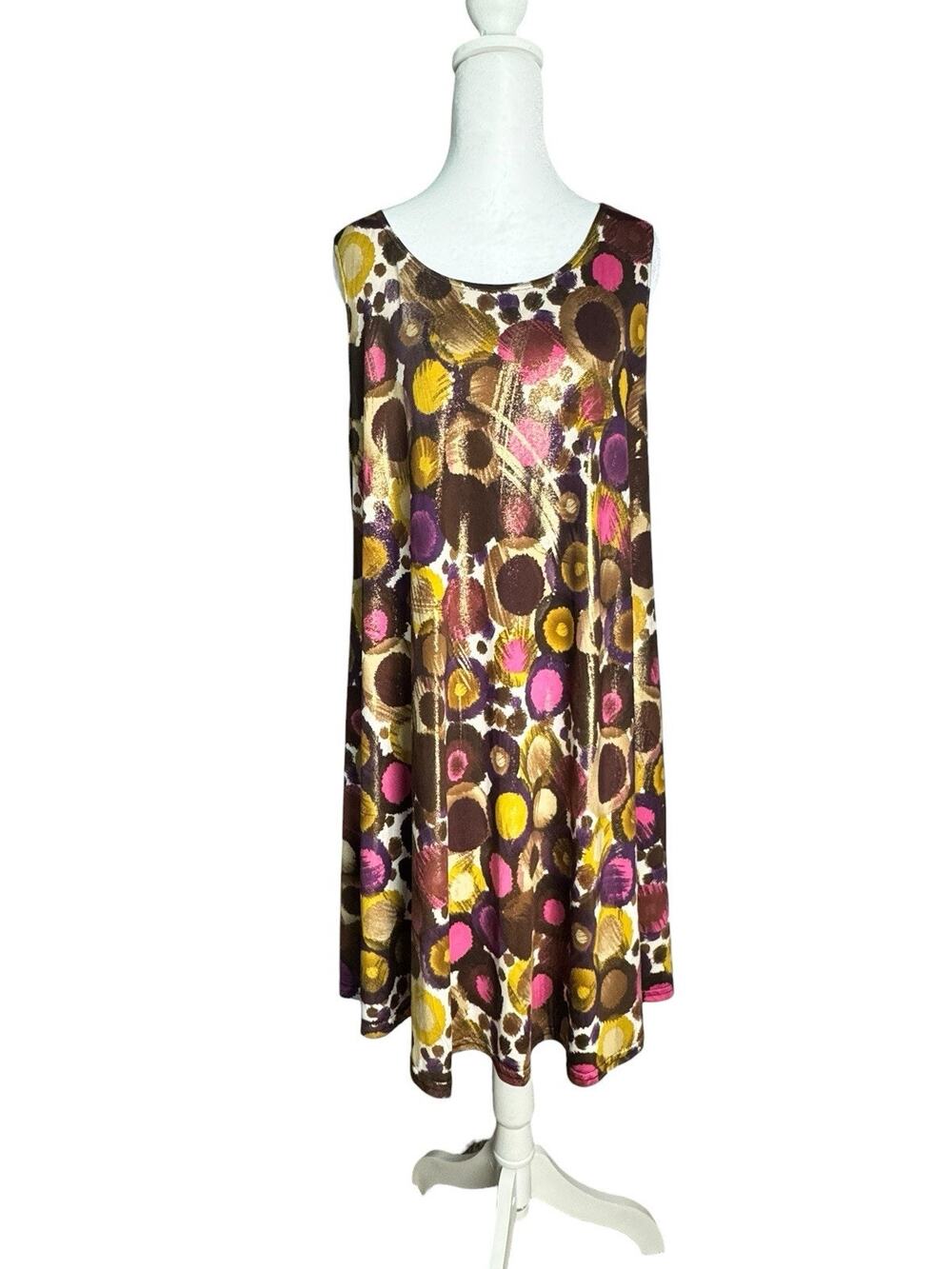 Vtg 90s Pretty Woman Metallic Abstract Polka Dot Swing Dress Artsy Trapeze Sz L